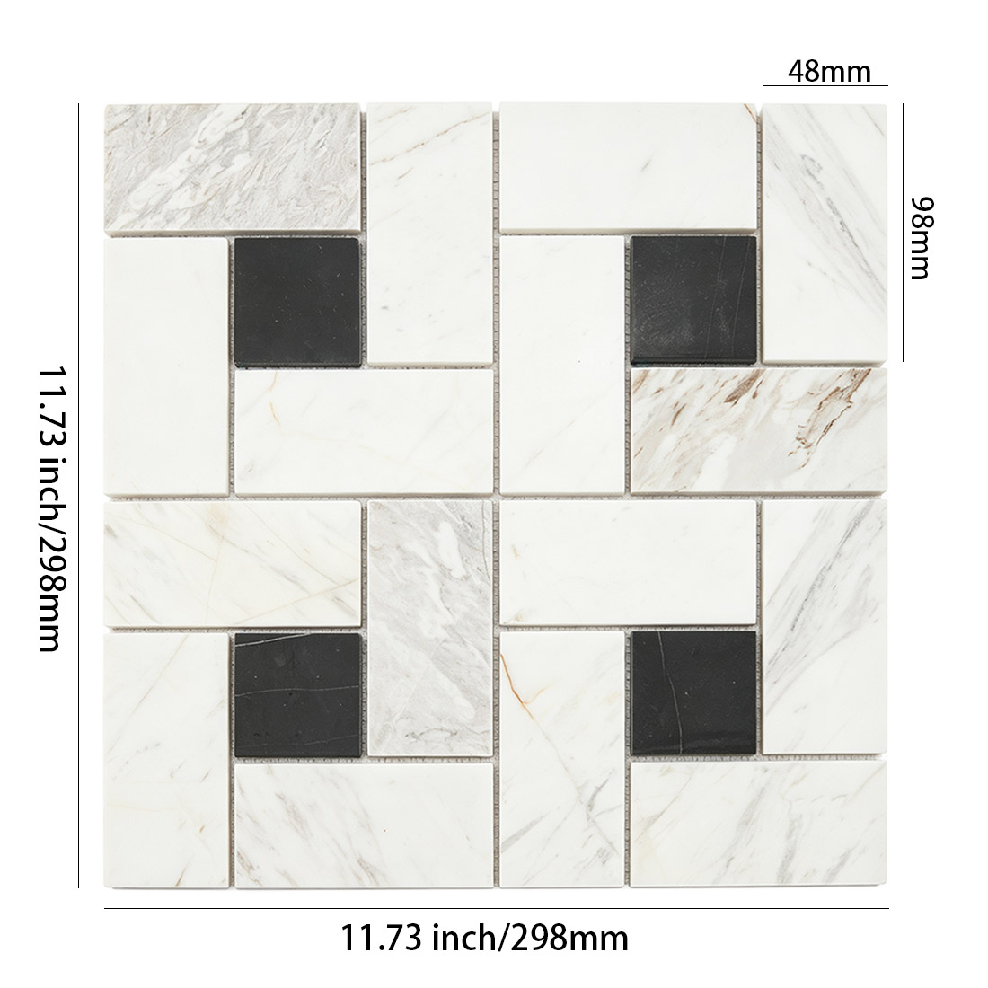 White and black marble geometric mosaic tile sheet with 11.73 x 11.73 inch dimensions