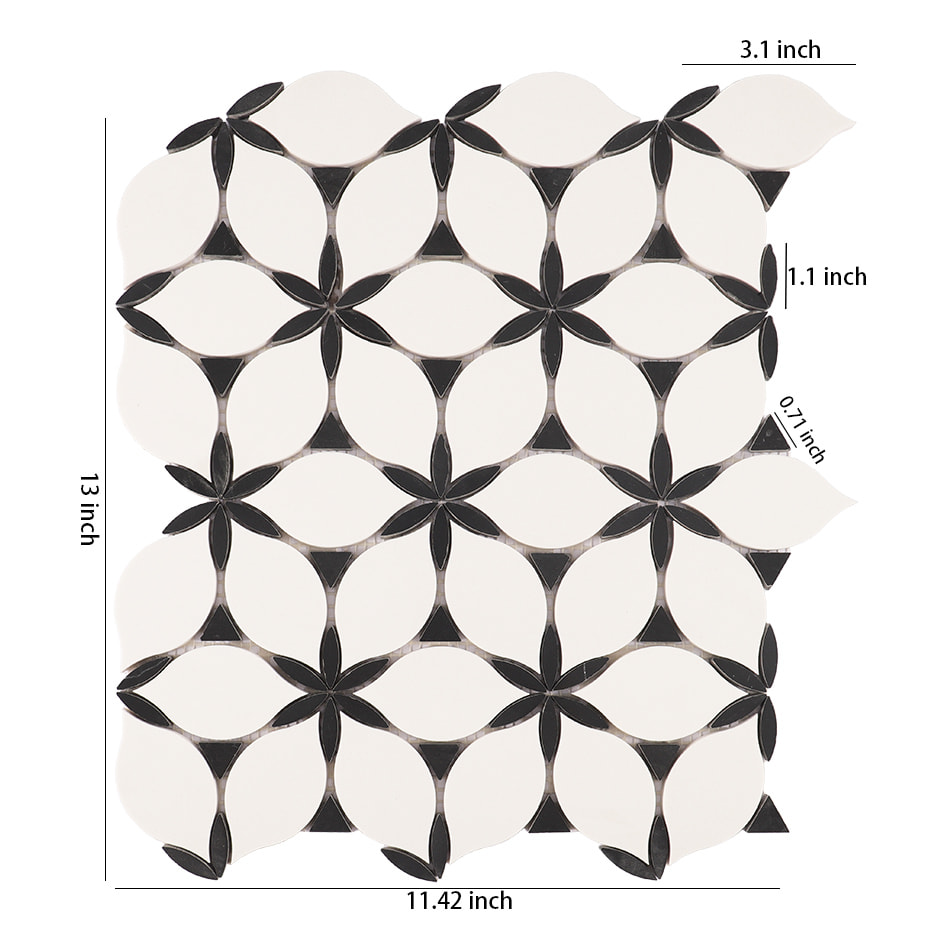 White and black petal marble mosaic tile sheet with floral geometric pattern