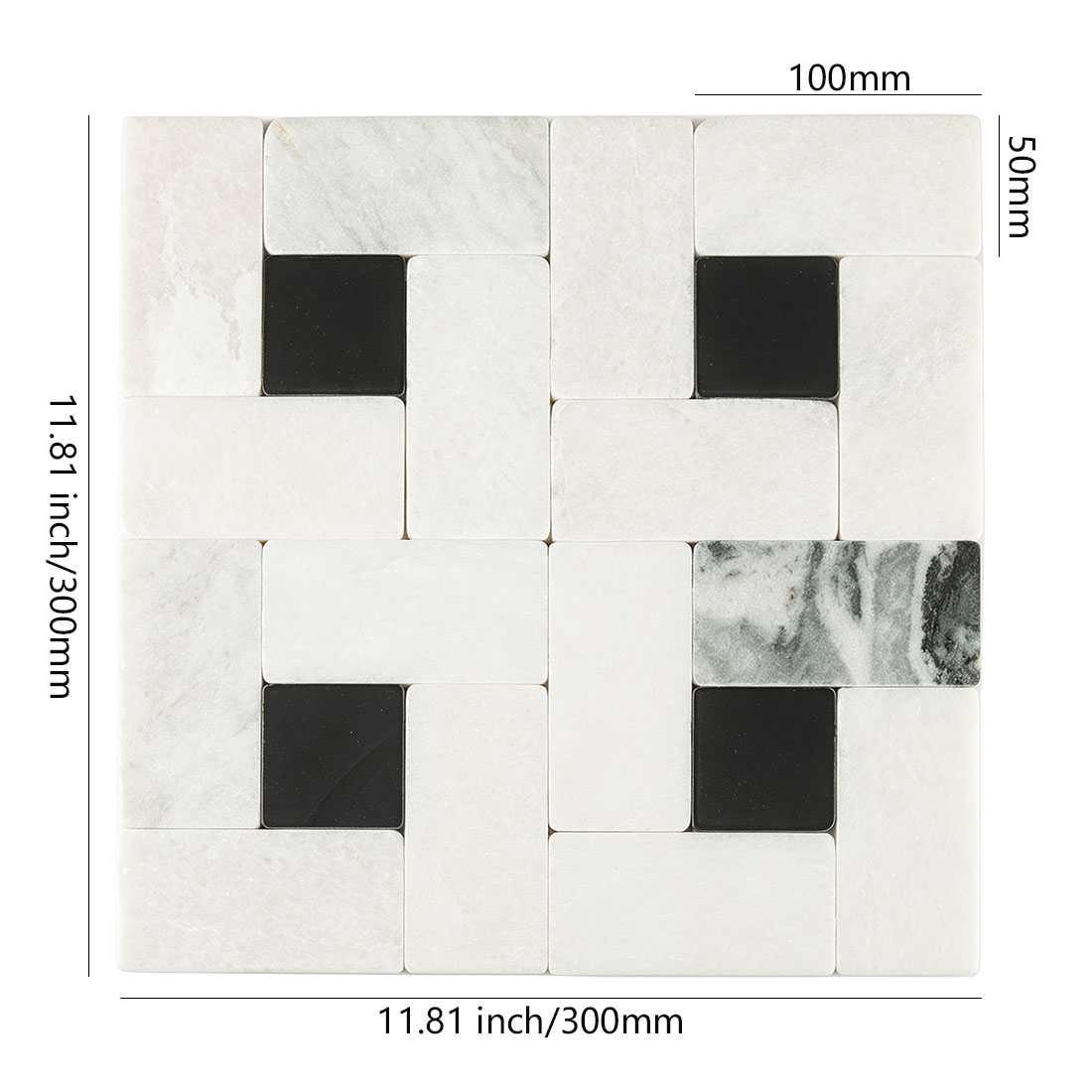 White and black pinwheel marble mosaic tile sheet dimensions 300x300mm