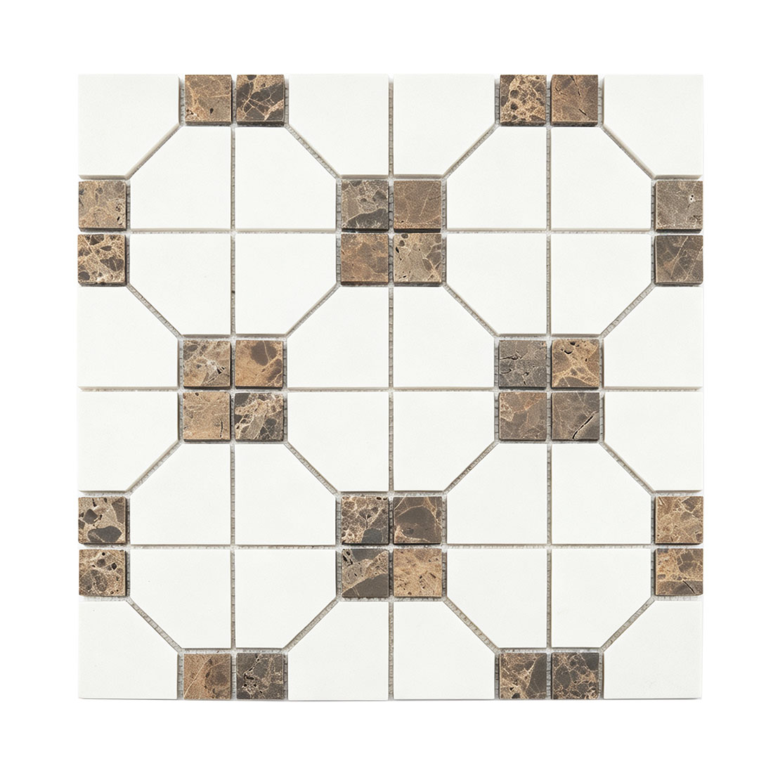 Matte white and brown marble clipped corner square mosaic tile for wall floor