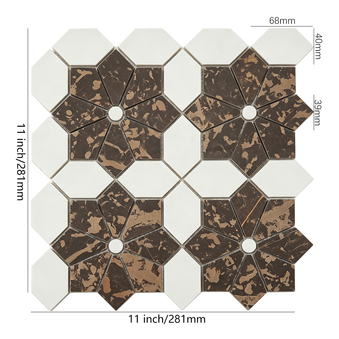 White and brown floral marble mosaic tile sheet with 11 inch dimensions