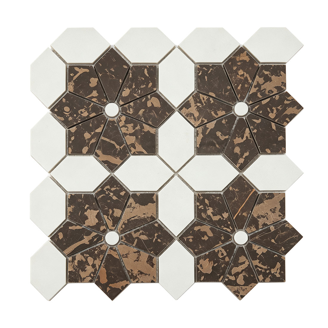 White octagon and brown flower marble mosaic tile in a geometric pattern