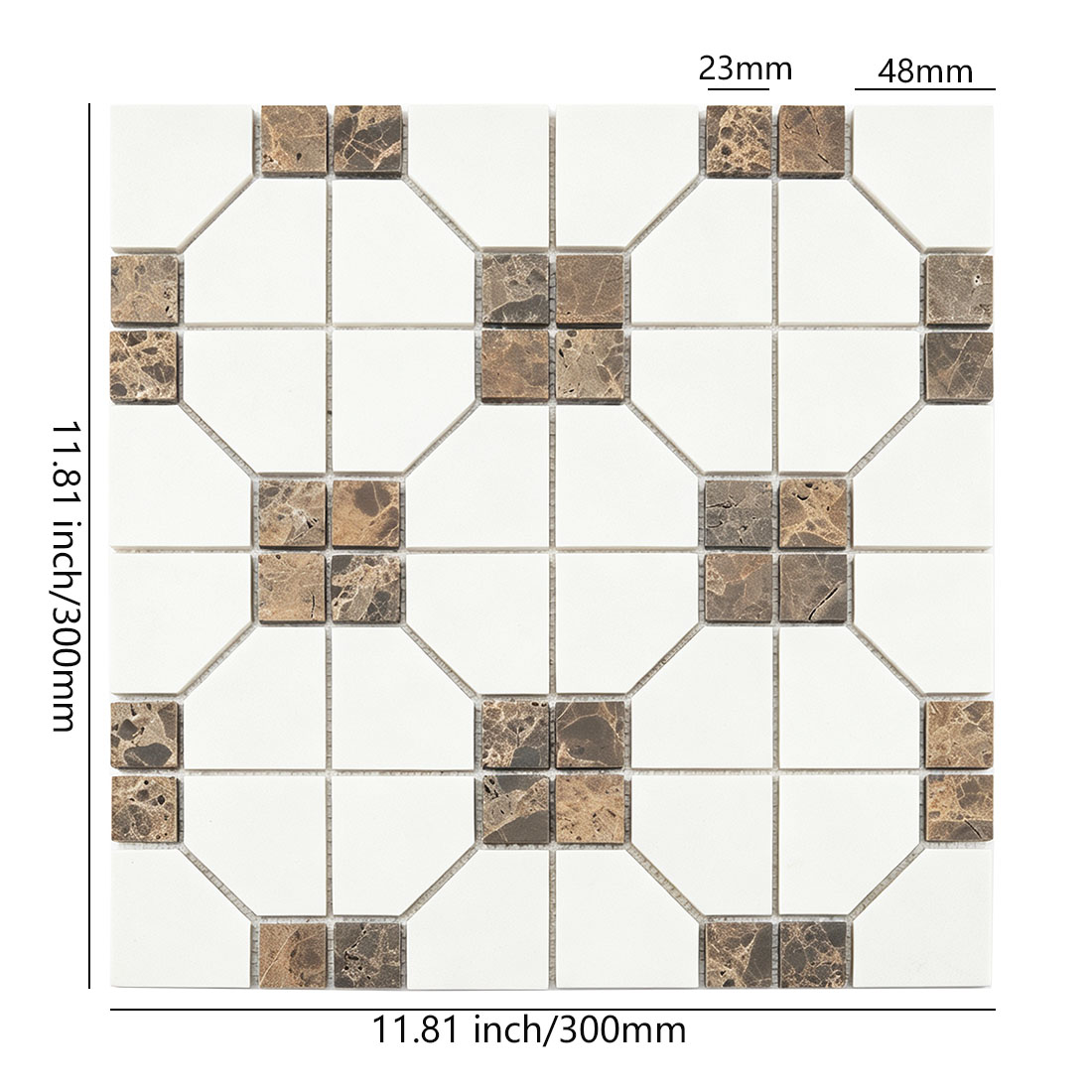 White engineered and brown marble geometric grid mosaic tile sheet dimensions