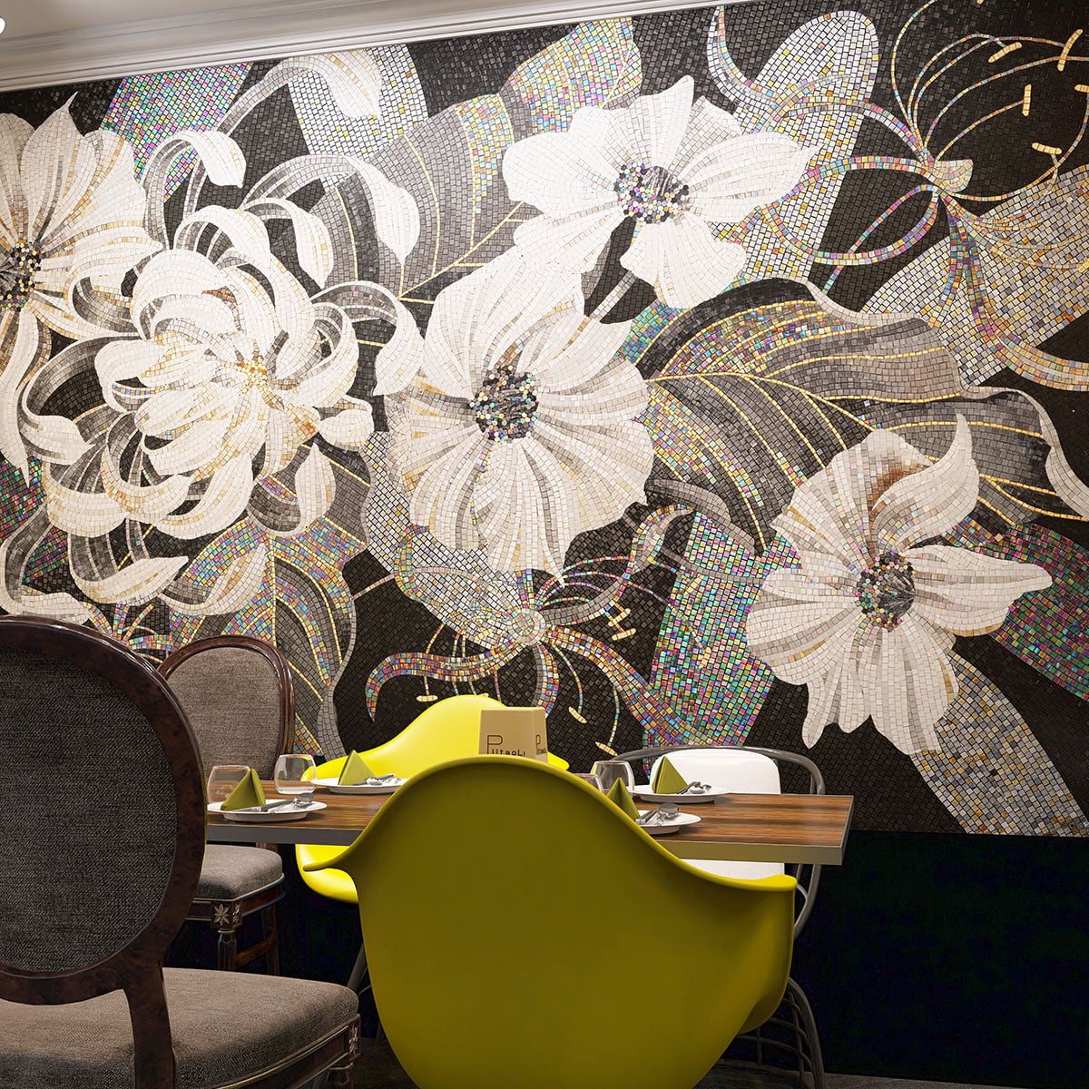 Large white flower mosaic mural decorating a stylish modern dining room.