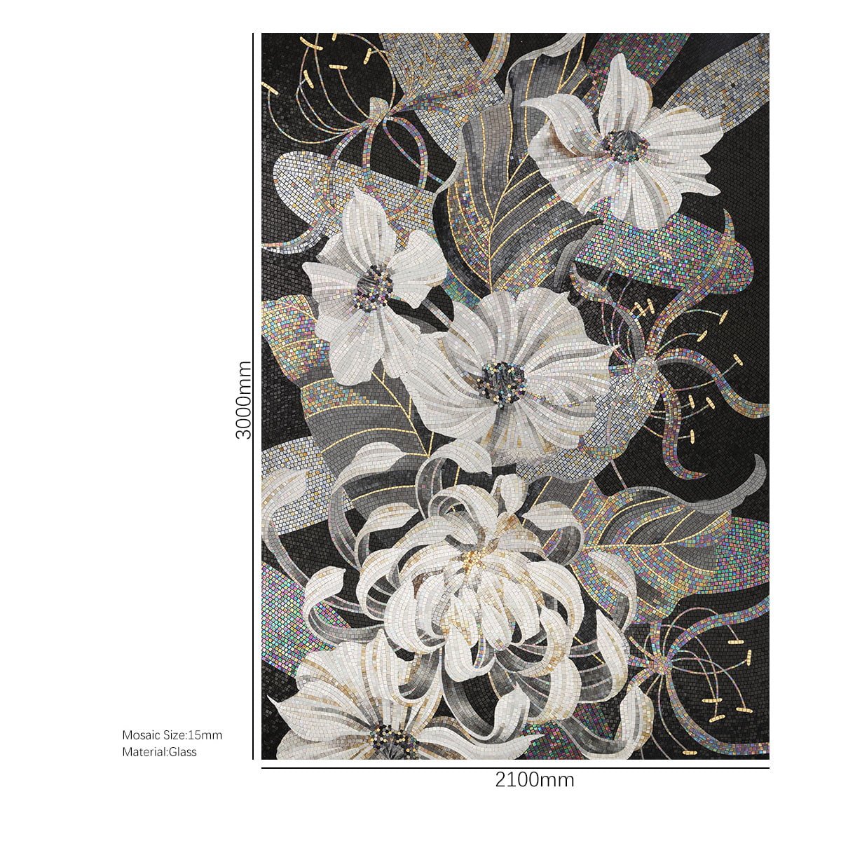 Full view of white floral mosaic wall panel with 3000x2100mm dimensions.