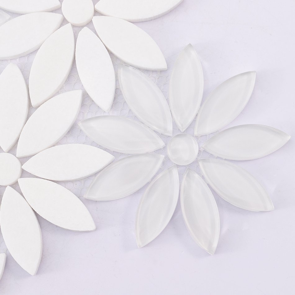 Close-up of white glass marble daisy mosaic tile with flower petal pattern