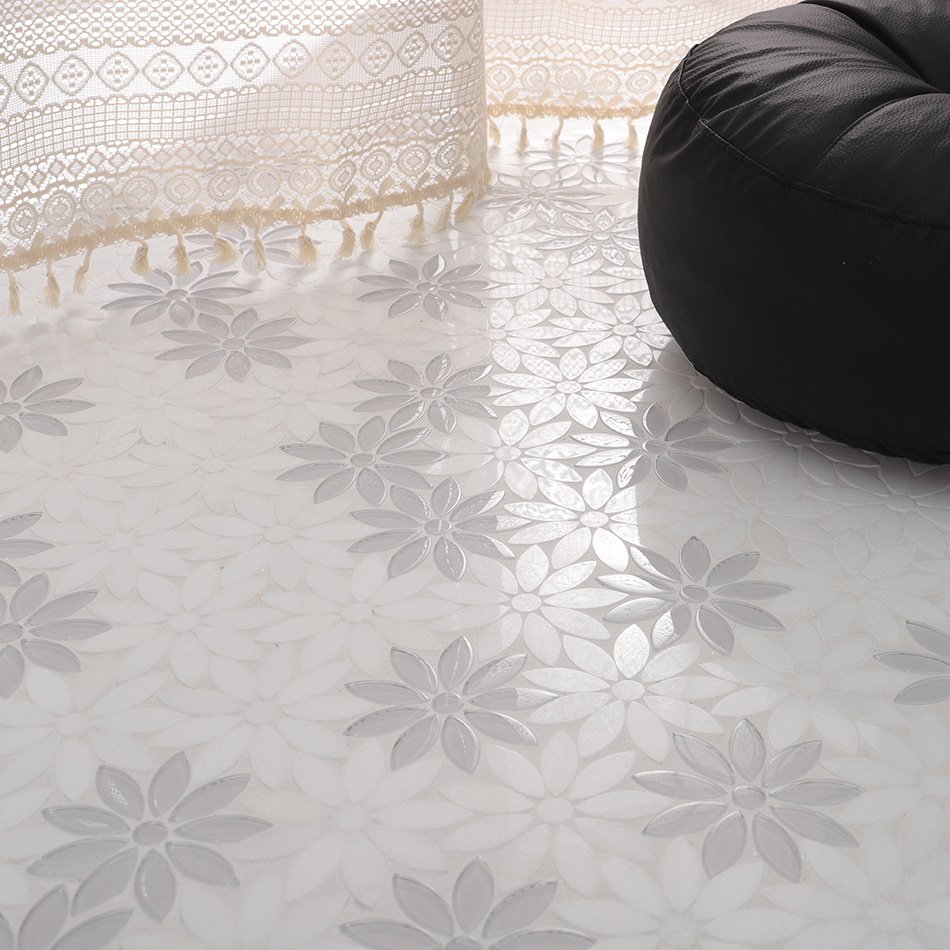 Interior floor design with white glass marble daisy mosaic tiles