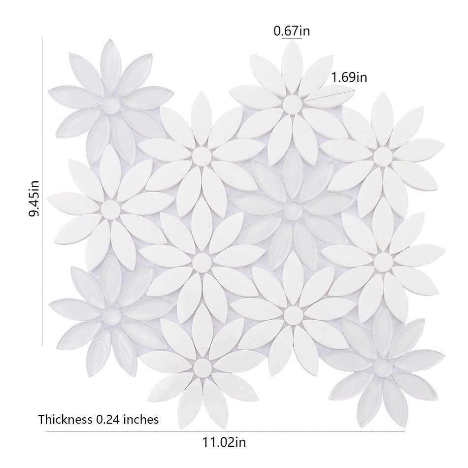 White glass marble daisy mosaic tile sheet with size and dimension details