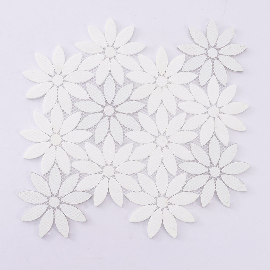 Back view of white glass marble daisy mosaic tile sheet with mesh backing