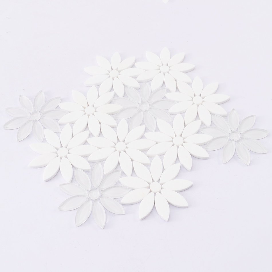 Sheet of white glass marble daisy mosaic tile with floral pattern