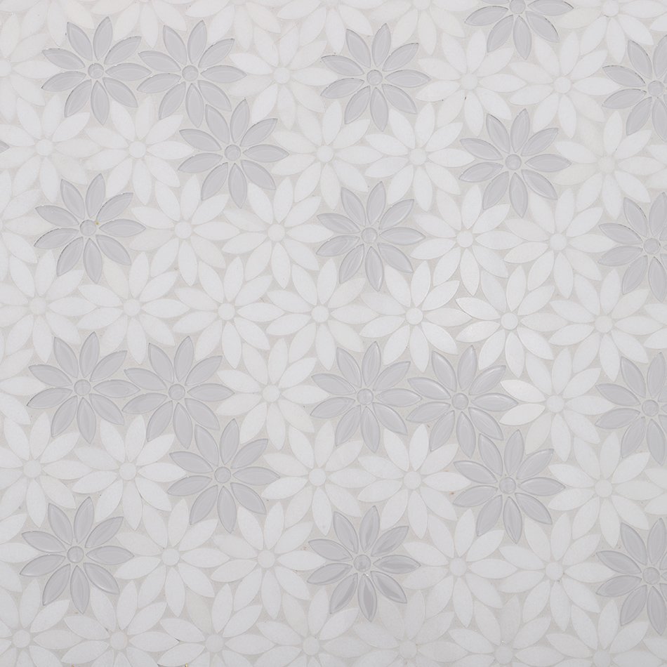 Wall view of white glass marble daisy mosaic tile pattern