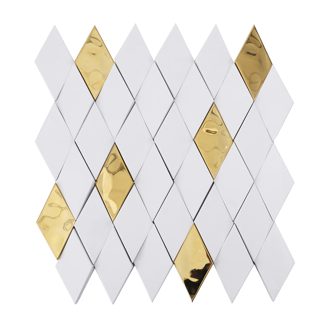 Full sheet of white and gold elongated diamond mosaic tile