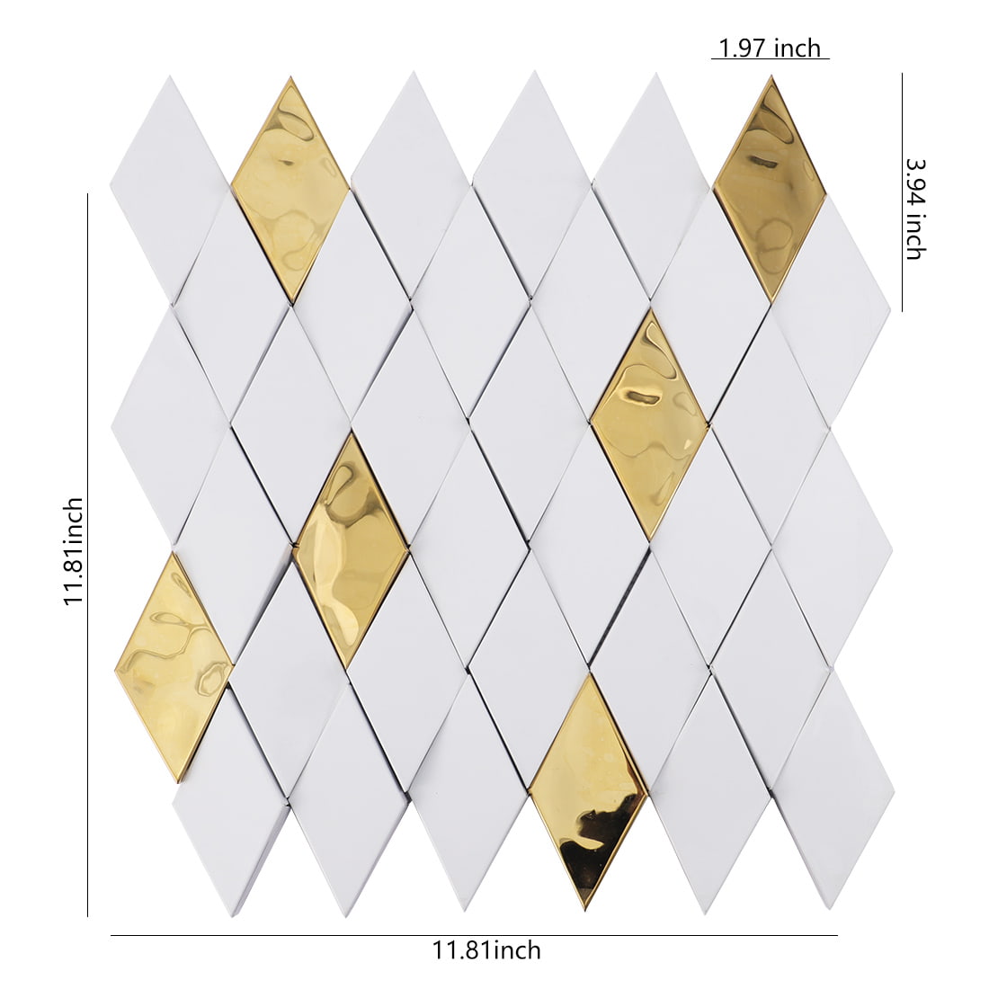 White and gold elongated diamond mosaic tile sheet with dimensions