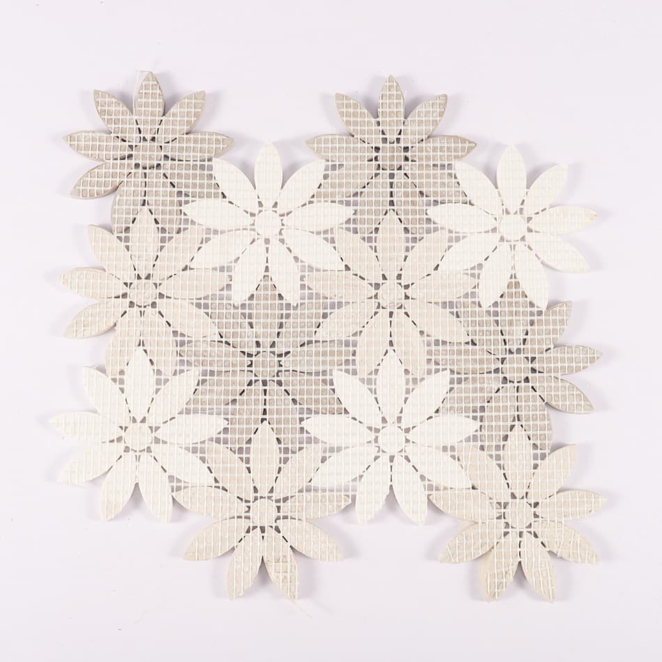 Back view of white and gray wood grain daisy marble mosaic tile with mesh backing