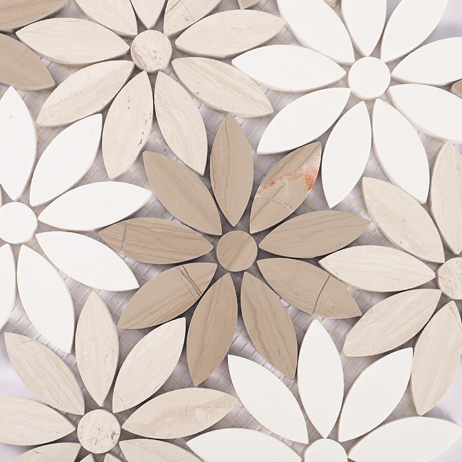 Close up of daisy marble mosaic with white and gray wood grain petals