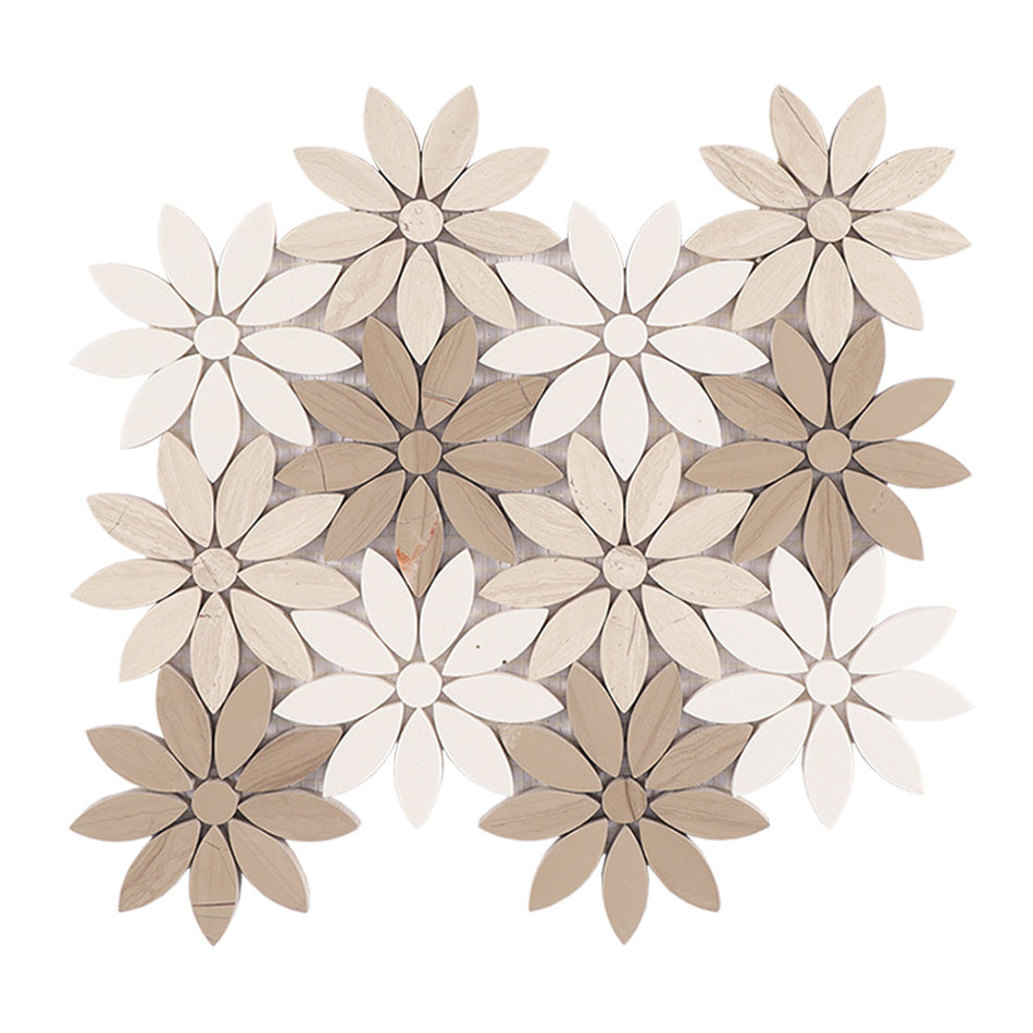 Full sheet of white and gray wood grain daisy marble mosaic tile