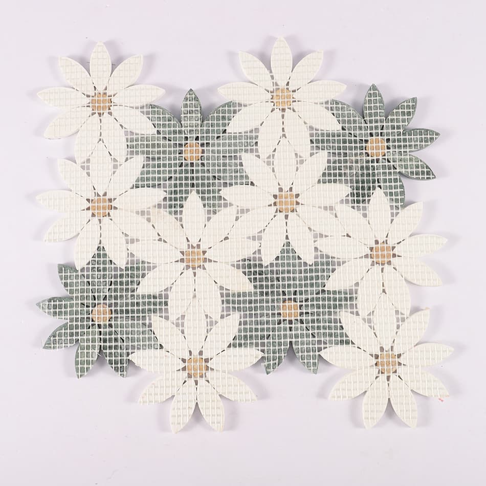 Back view of white and green daisy marble mosaic tile with mesh backing