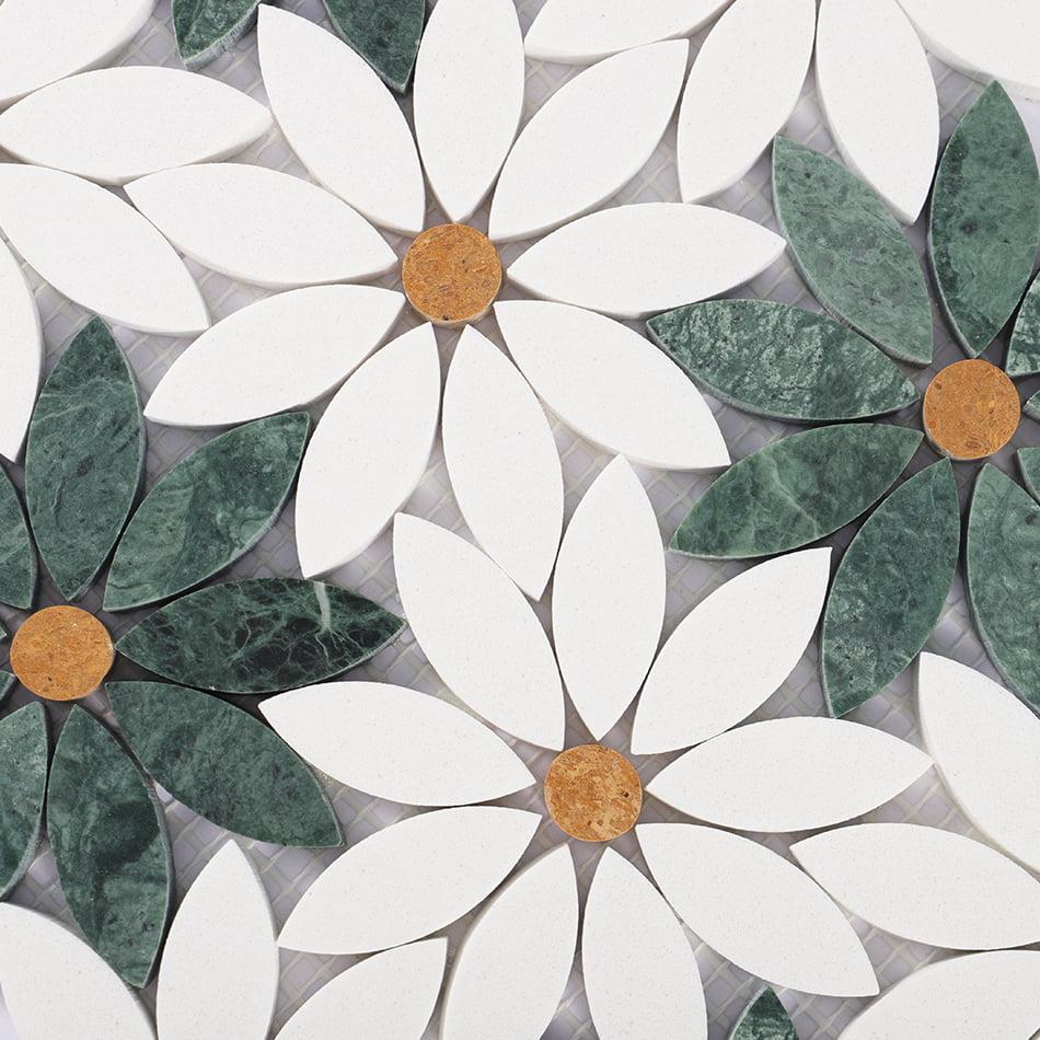 Close up of white daisy petals with green marble flower details