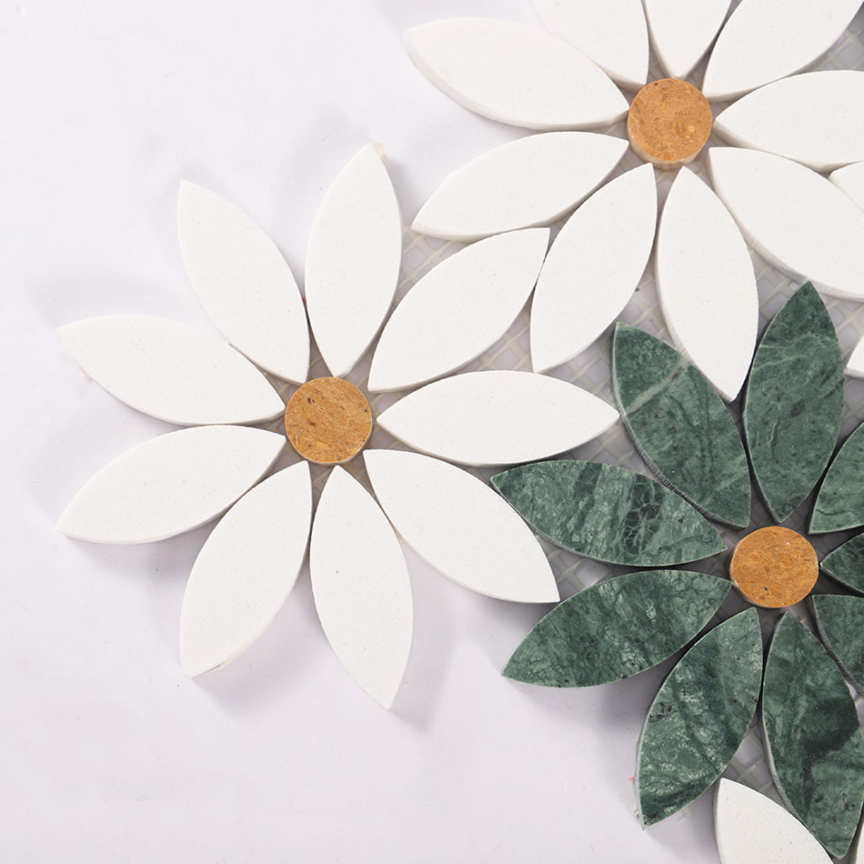 Corner detail of white and green daisy marble mosaic tile