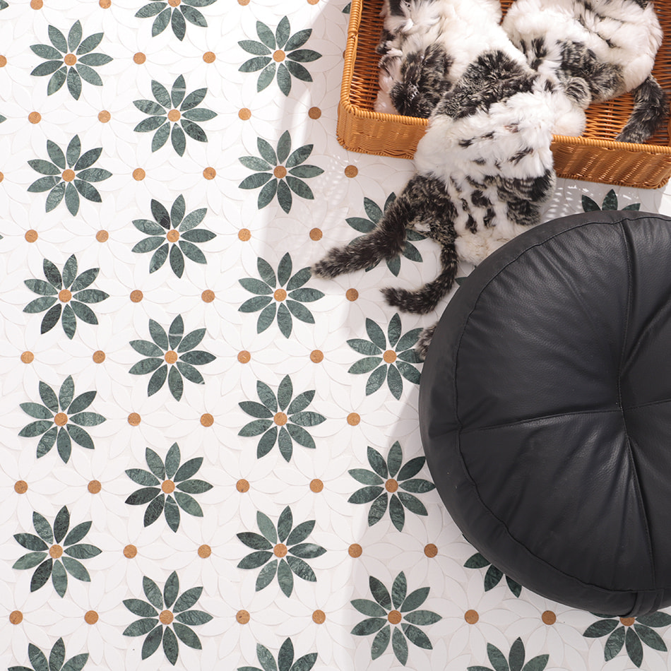 Floral marble mosaic floor with green daisies beside a basket and black seat