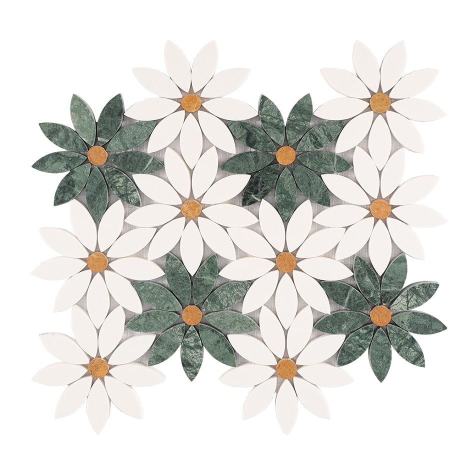 Full sheet of white and green daisy marble mosaic tile