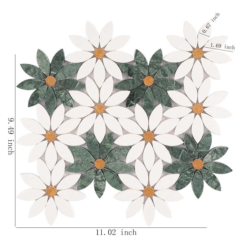 White and green daisy marble mosaic tile sheet with size markings