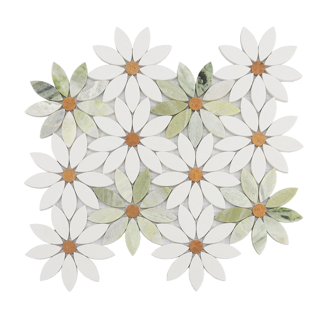 Full sheet of white and green flower marble mosaic tile