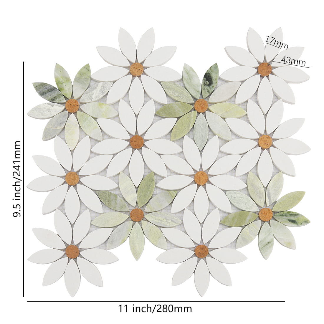 White and green flower marble mosaic tile sheet with size markings