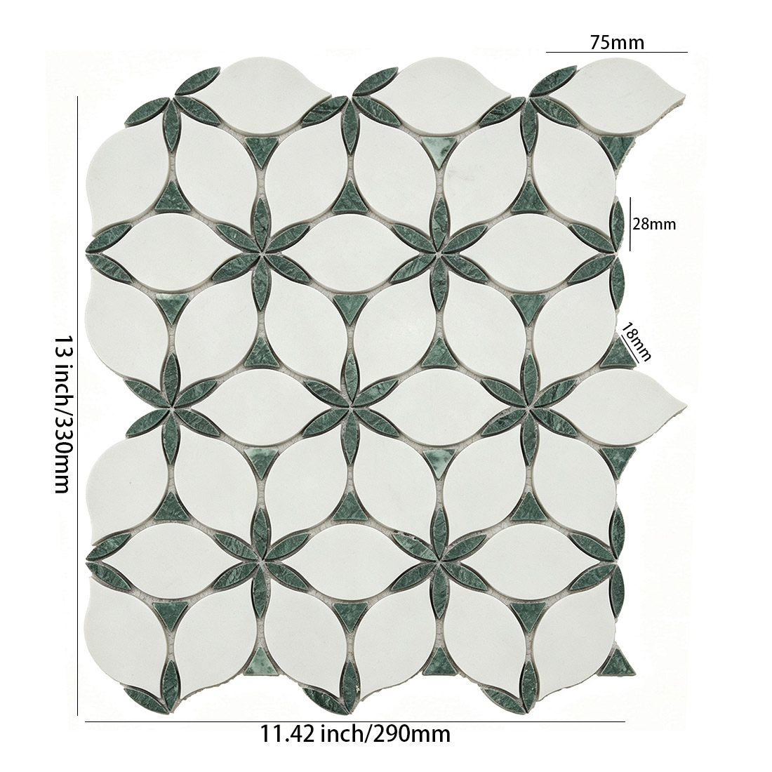 White green leaf marble mosaic tile sheet with size measurements