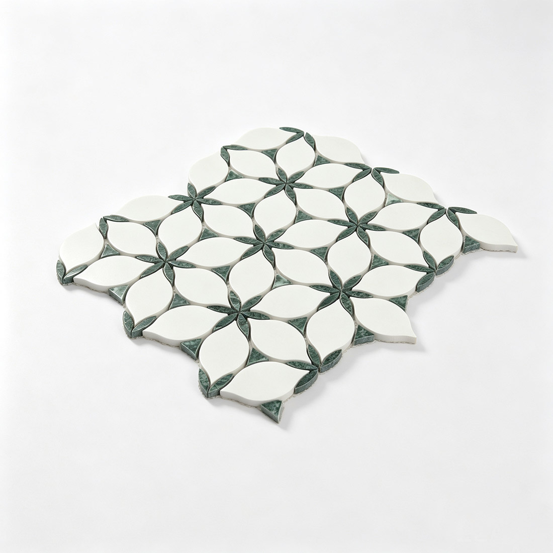 Angled view of white green leaf marble mosaic tile sheet