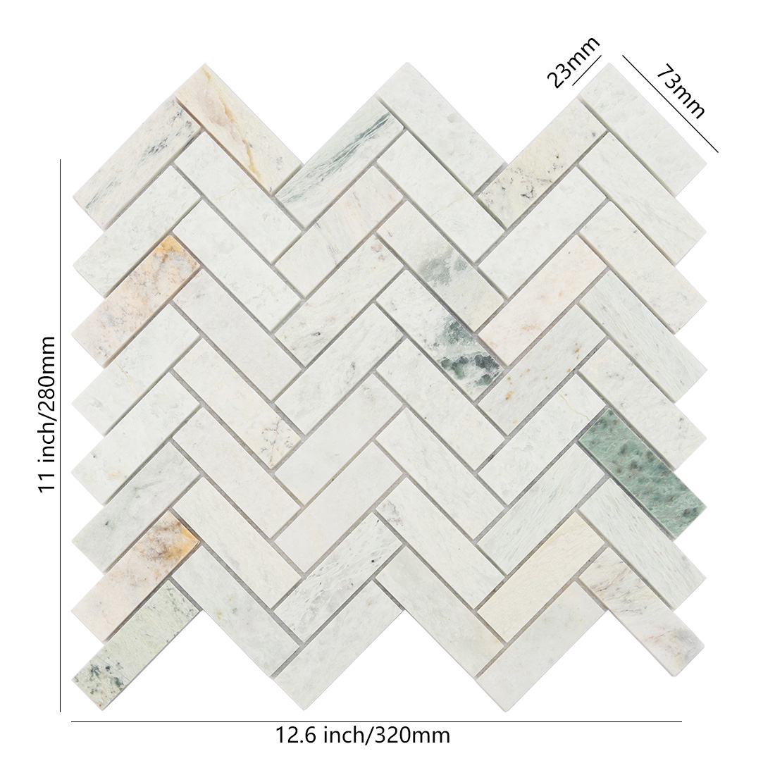 White and green marble herringbone mosaic tile with dimensions.