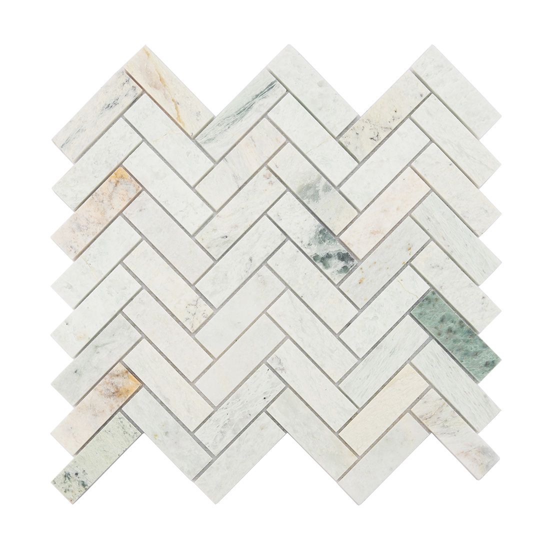 Front view of white and green marble herringbone mosaic tile.