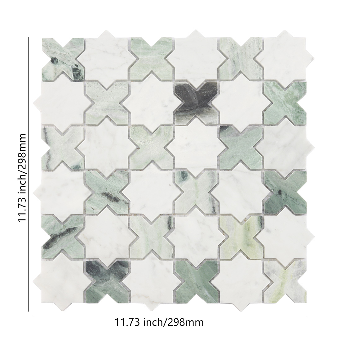 White and green marble star cross mosaic tile with dimensions.