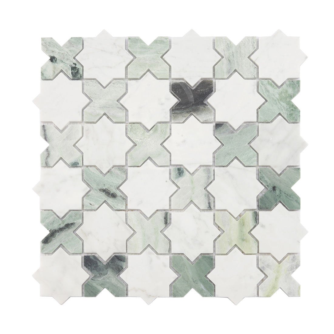 Front view of white and green marble star cross mosaic tile.
