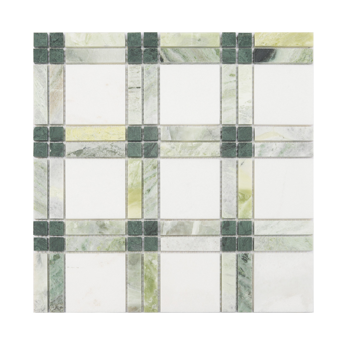 White and green square marble mosaic tile with framed geometric layout