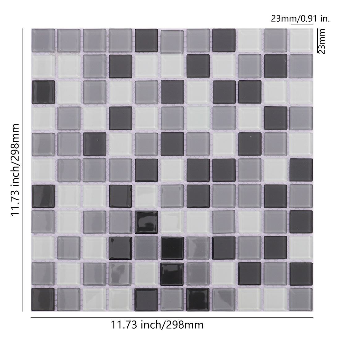 Full sheet of white grey and black square crystal glass mosaic tile with dimensions.