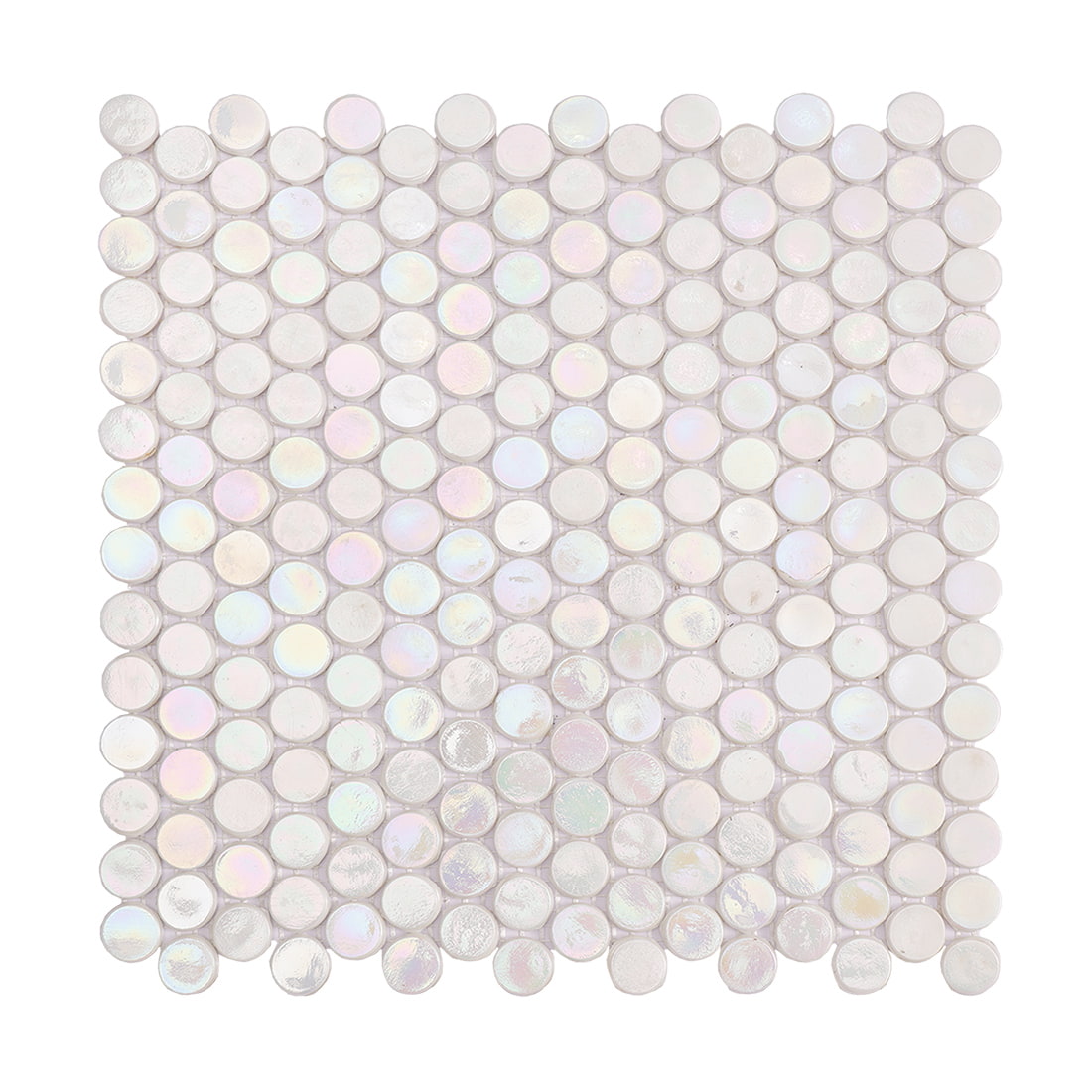 A full overhead shot of a square mesh-backed sheet of white iridescent round mosaic tiles.