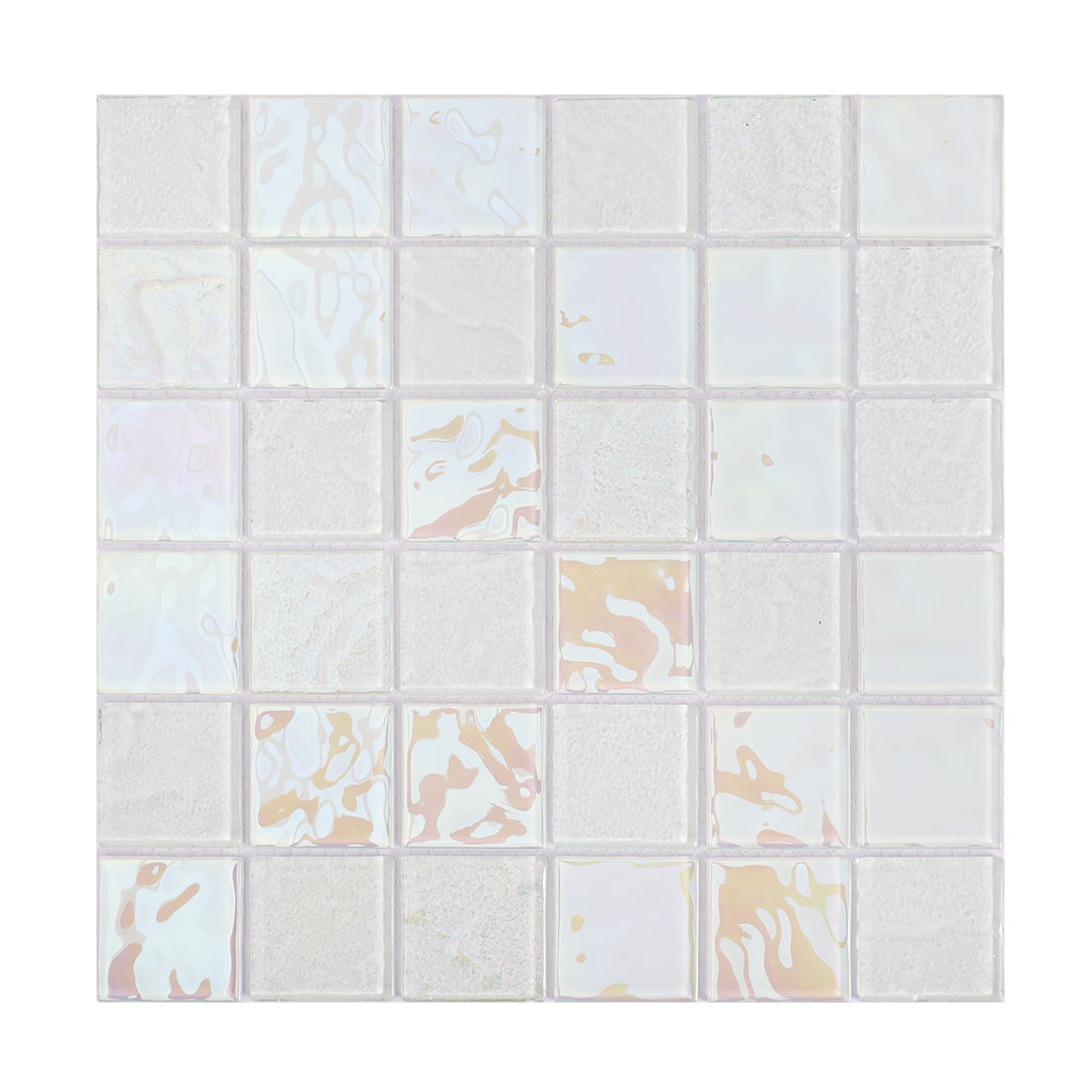 Full view of white iridescent square glass mosaic tile sheet