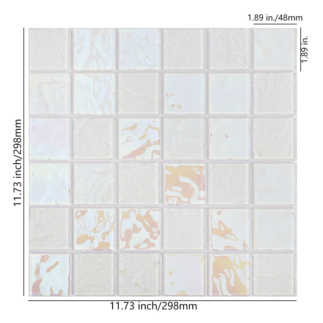 Full sheet of white iridescent square glass mosaic tile with size details