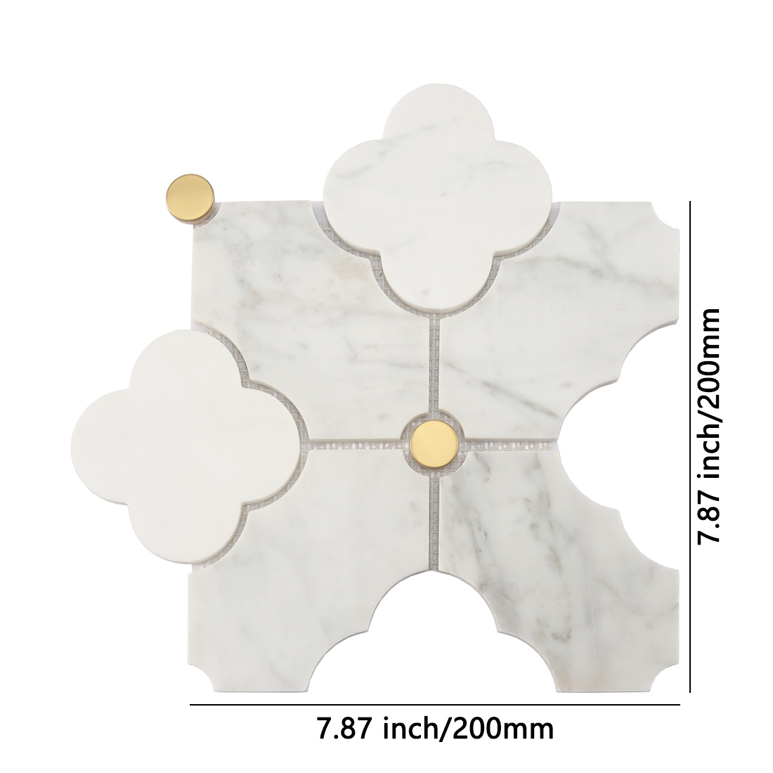 White marble arabesque tile with round brushed gold dot accents