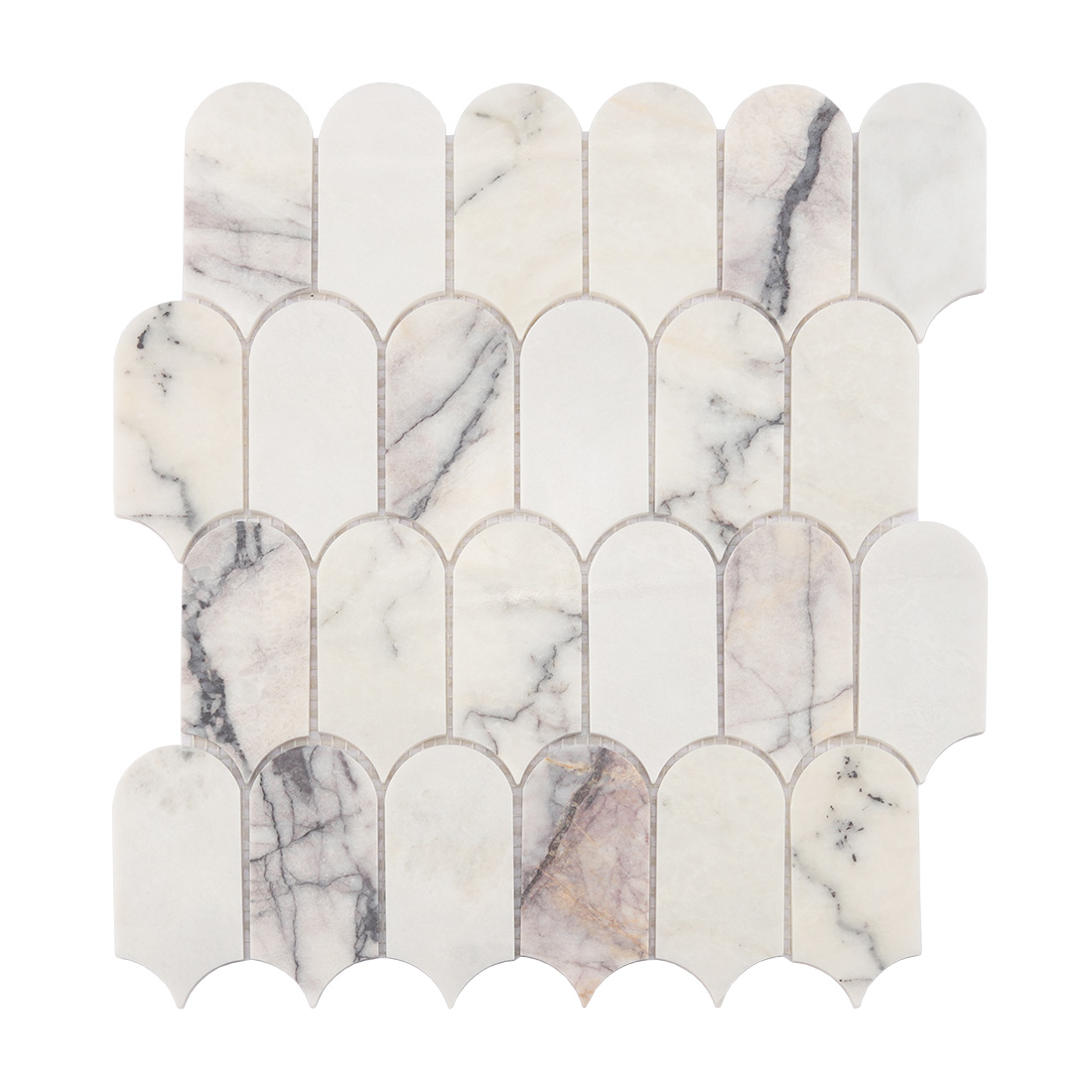 White marble arched mosaic tile with rounded picket style pattern