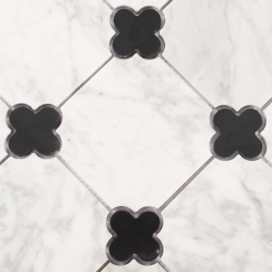 White and Black Quatrefoil Marble Mosaic Bathroom Floor and Wall Tile