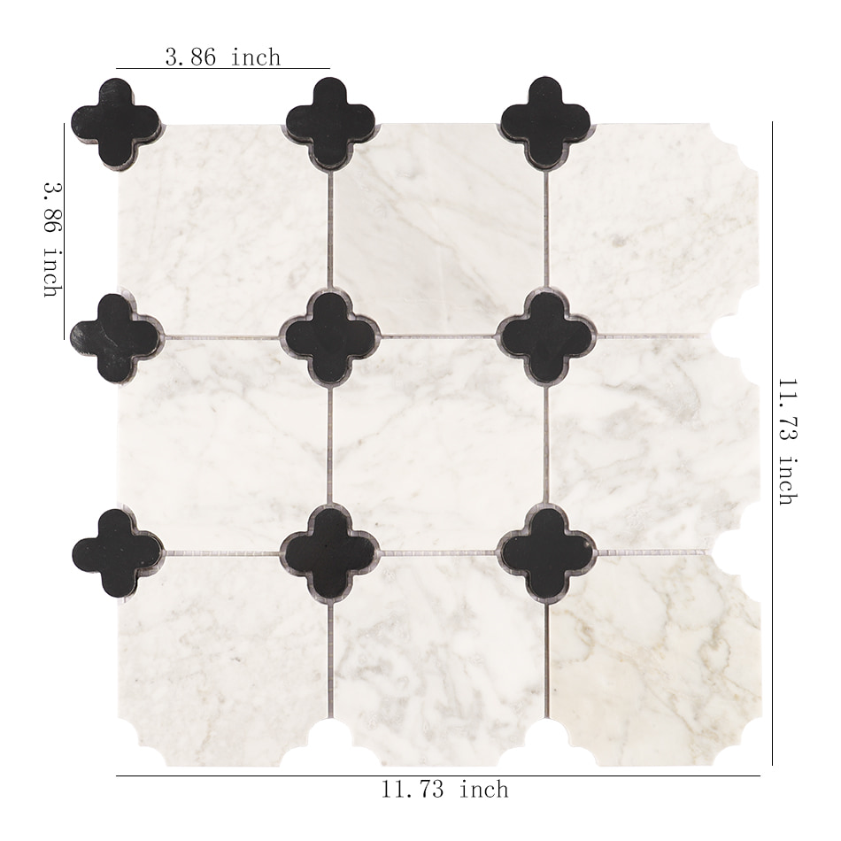 White marble mosaic tile sheet with black quatrefoil inlays and size markings
