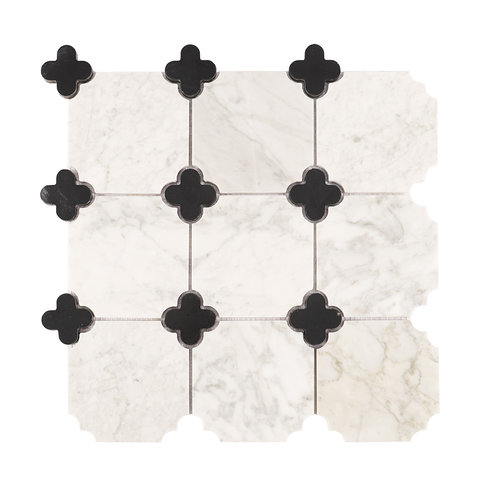 White marble mosaic tile sheet with black quatrefoil accents in a geometric layout