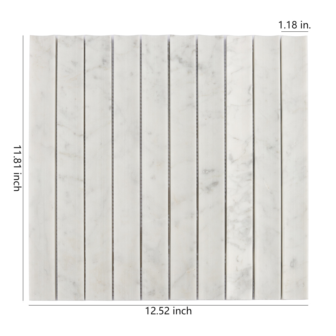 White marble concave vertical mosaic tile sheet with size details