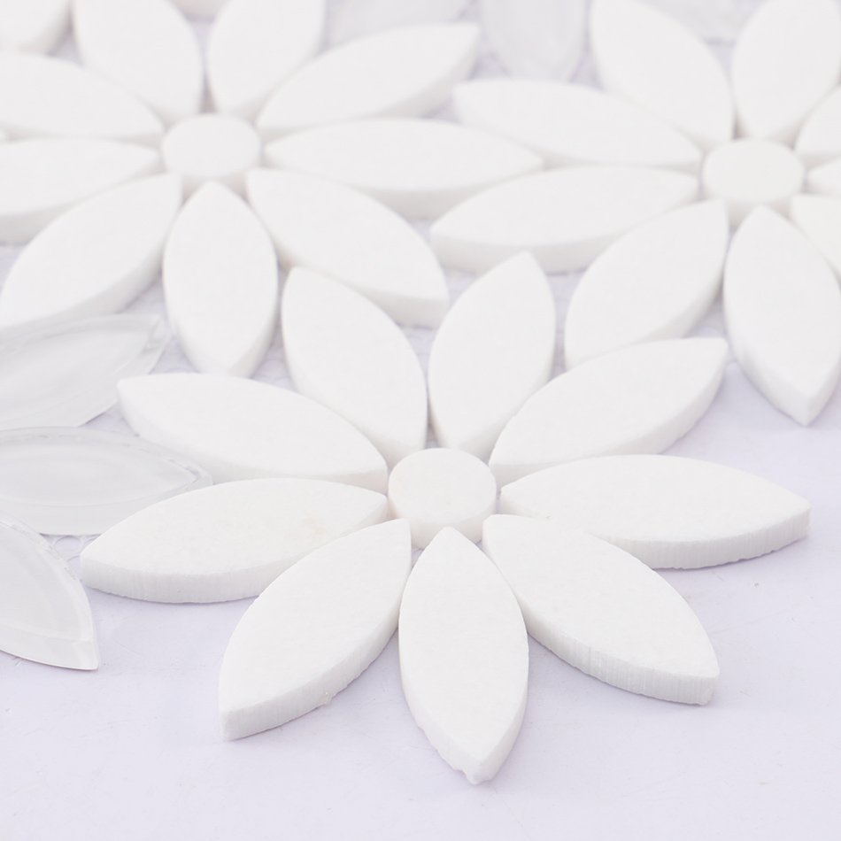 Detailed close-up of white marble daisy flower mosaic tile