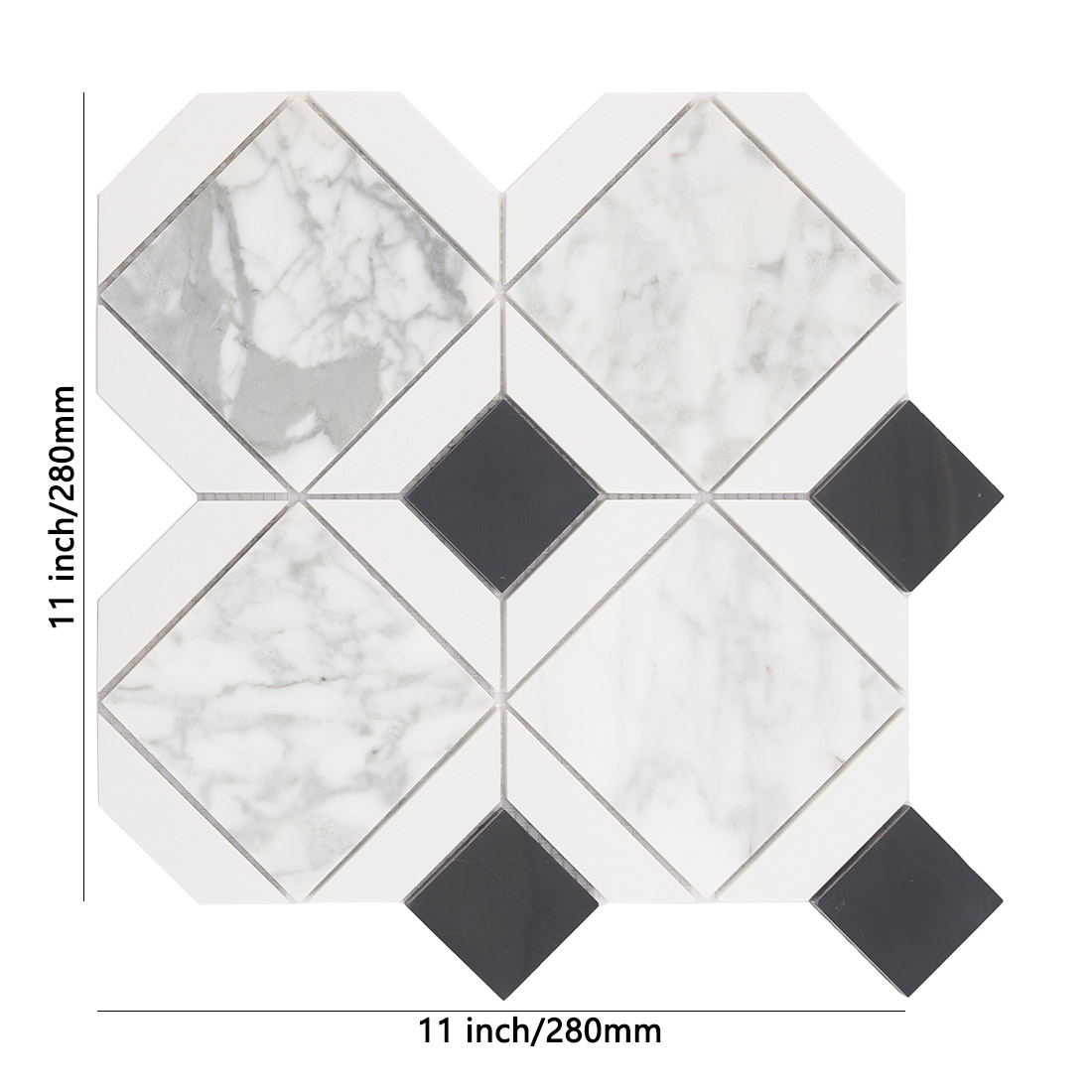 White marble diamond pattern tile with black square dot accents and size details
