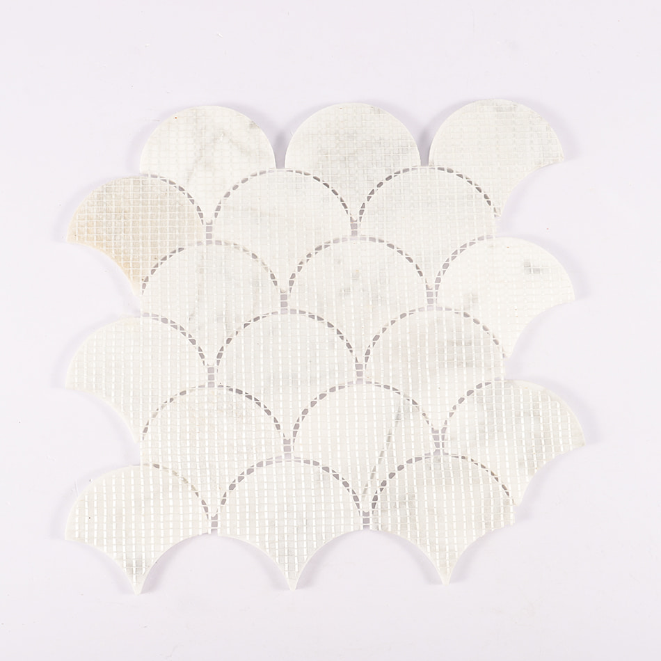 Mesh backing of white marble fan mosaic tile sheet