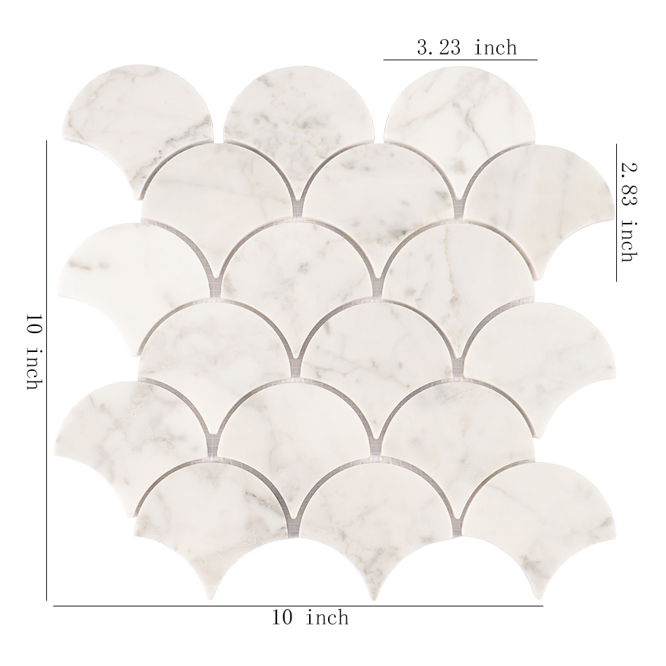 White marble fan mosaic tile sheet with dimensions shown