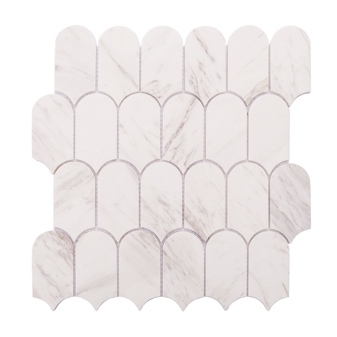 Full sheet of white marble fan shaped fish scale mosaic tile